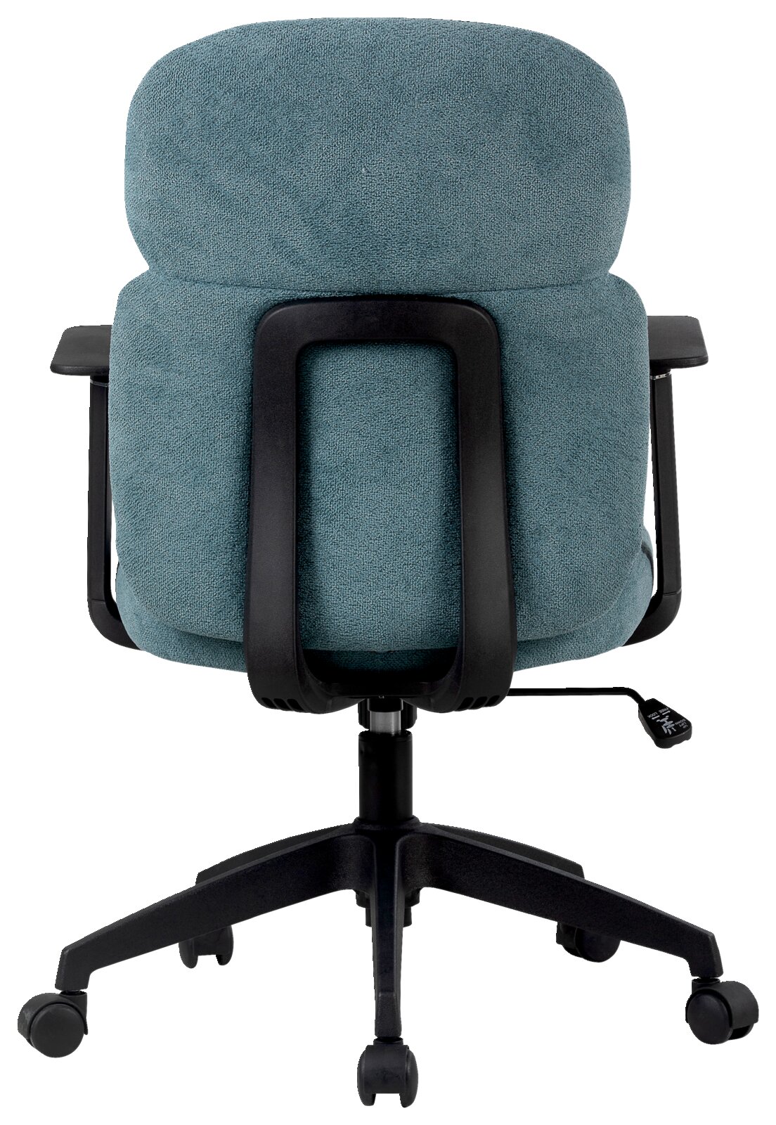 Achterkant van een draaistoel met een zwart frame en turquoise bekleding