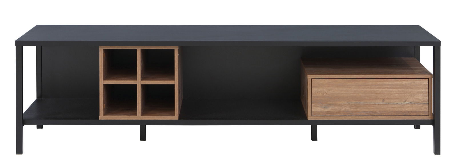 TV-Lowboard aus schwarzem Metall mit Holzfächern und Schublade, frontale Ansicht.