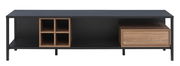 TV-Lowboard aus schwarzem Metall mit Holzfächern und Schublade, frontale Ansicht.