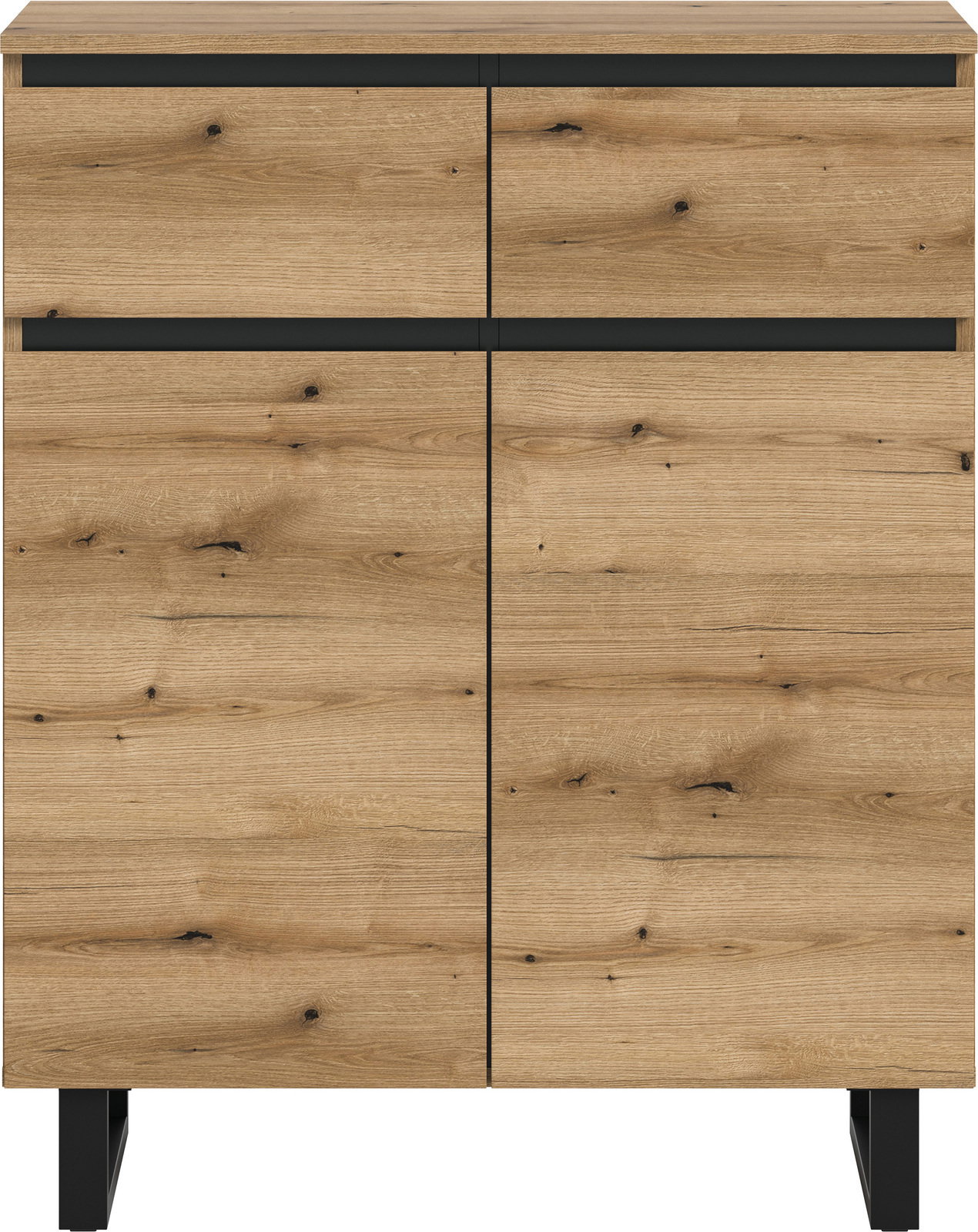 Frontale Ansicht einer modernen Kommode aus Holz mit zwei Schubladen und zwei Türen, in natürlicher Holzoptik mit schwarzen Akzenten.
