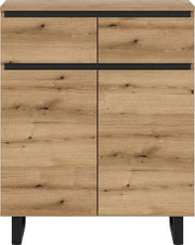 Frontale Ansicht einer modernen Kommode aus Holz mit zwei Schubladen und zwei Türen, in natürlicher Holzoptik mit schwarzen Akzenten.