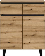 Frontale Ansicht einer modernen Kommode aus Holz mit zwei Schubladen und zwei Türen, in natürlicher Holzoptik mit schwarzen Akzenten.