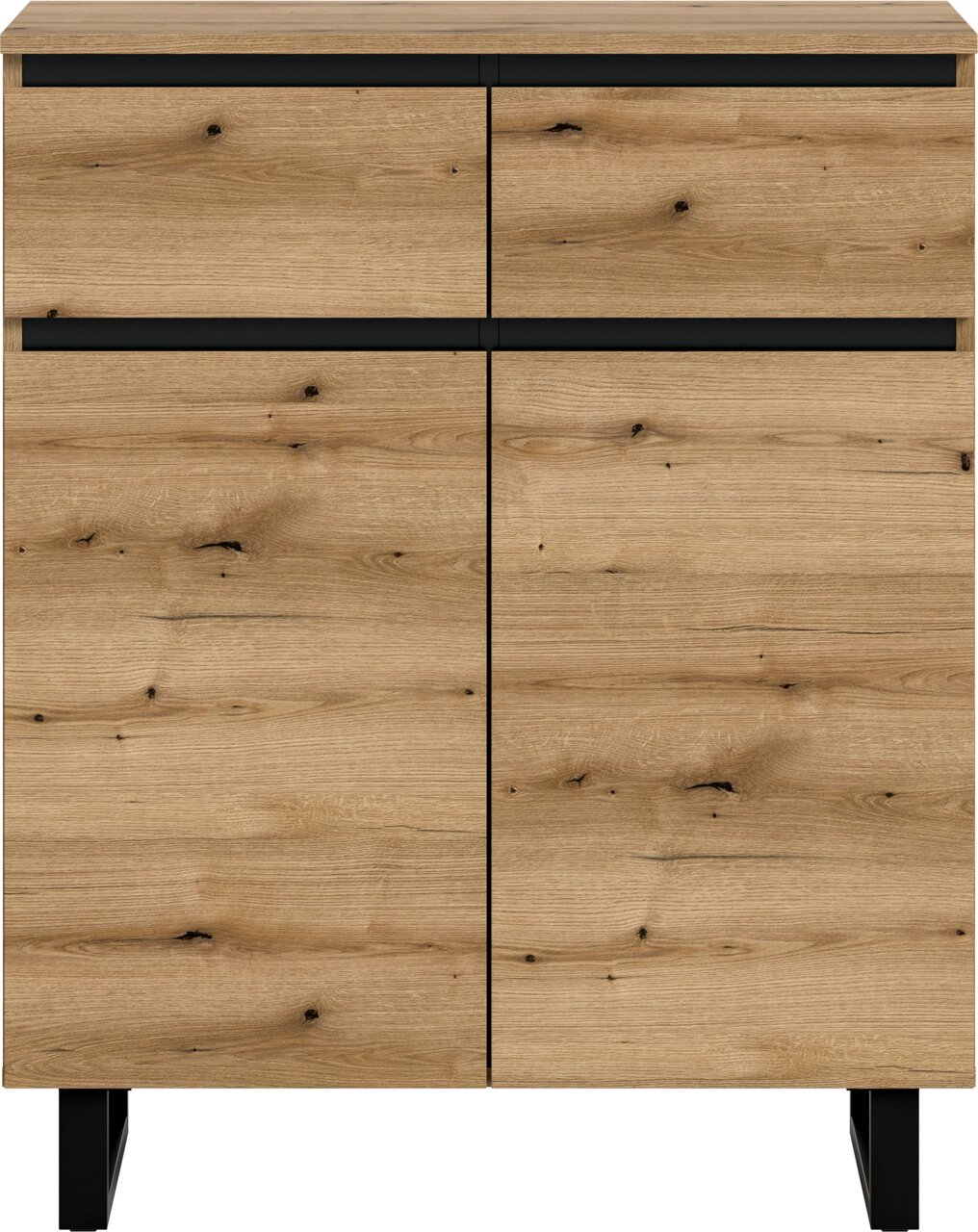 Frontale Ansicht einer modernen Kommode aus Holz mit zwei Schubladen und zwei Türen, in natürlicher Holzoptik mit schwarzen Akzenten.