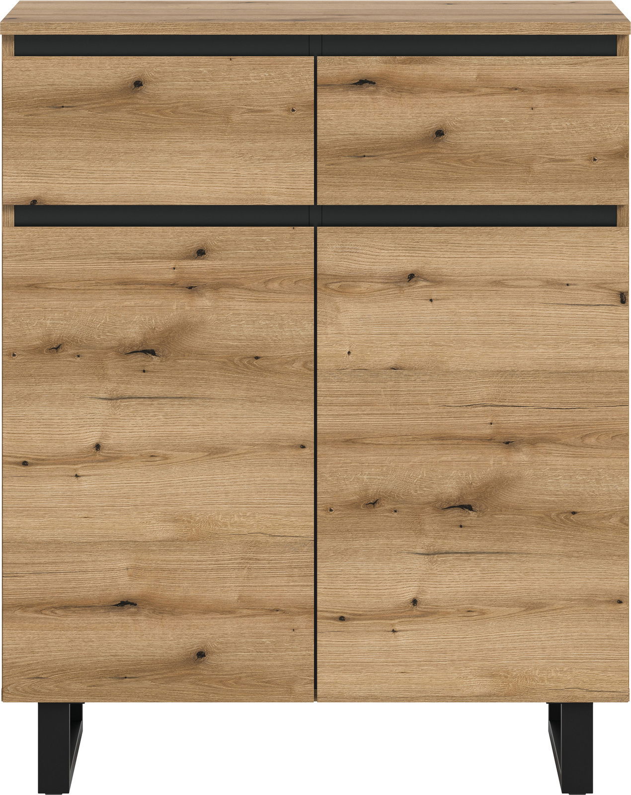 Frontale Ansicht einer modernen Kommode aus Holz mit zwei Schubladen und zwei Türen, in natürlicher Holzoptik mit schwarzen Akzenten.