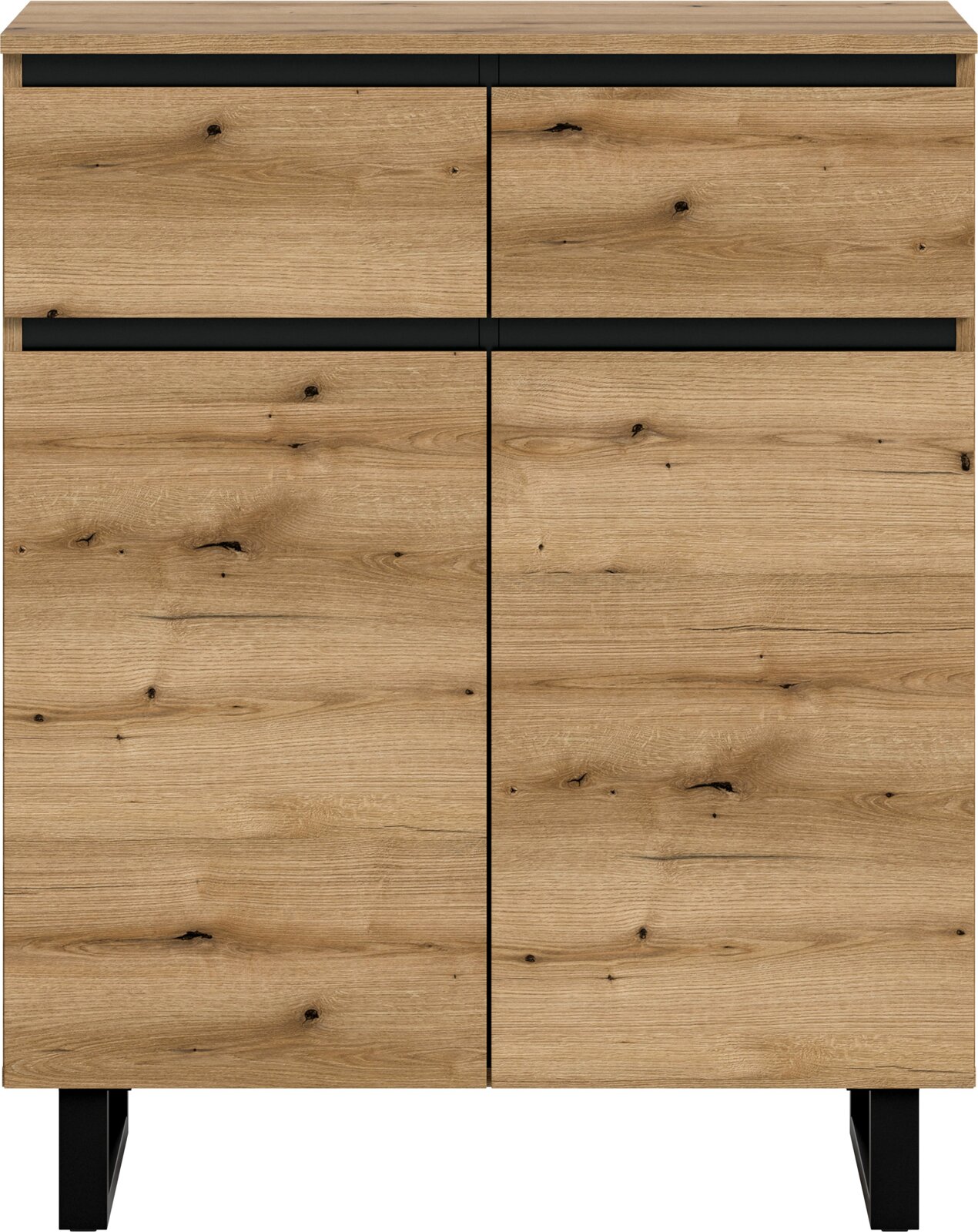 Frontale Ansicht einer modernen Kommode aus Holz mit zwei Schubladen und zwei Türen, in natürlicher Holzoptik mit schwarzen Akzenten.