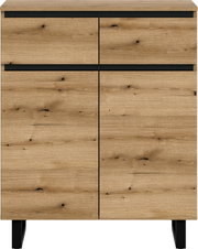 Frontale Ansicht einer modernen Kommode aus Holz mit zwei Schubladen und zwei Türen, in natürlicher Holzoptik mit schwarzen Akzenten.