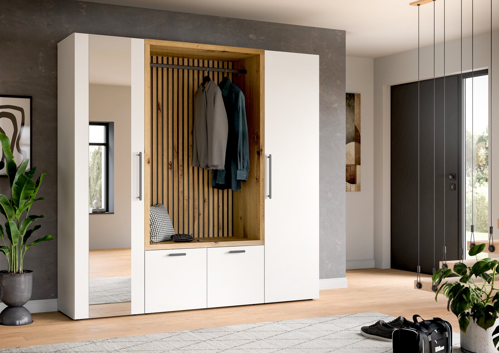 Moderne Kompaktgarderobe mit weißem und holzfarbenem Design, Spiegel und Kleiderstange, seitliche Perspektive