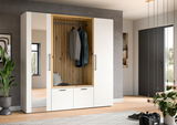 Moderne Kompaktgarderobe mit weißem und holzfarbenem Design, Spiegel und Kleiderstange, seitliche Perspektive