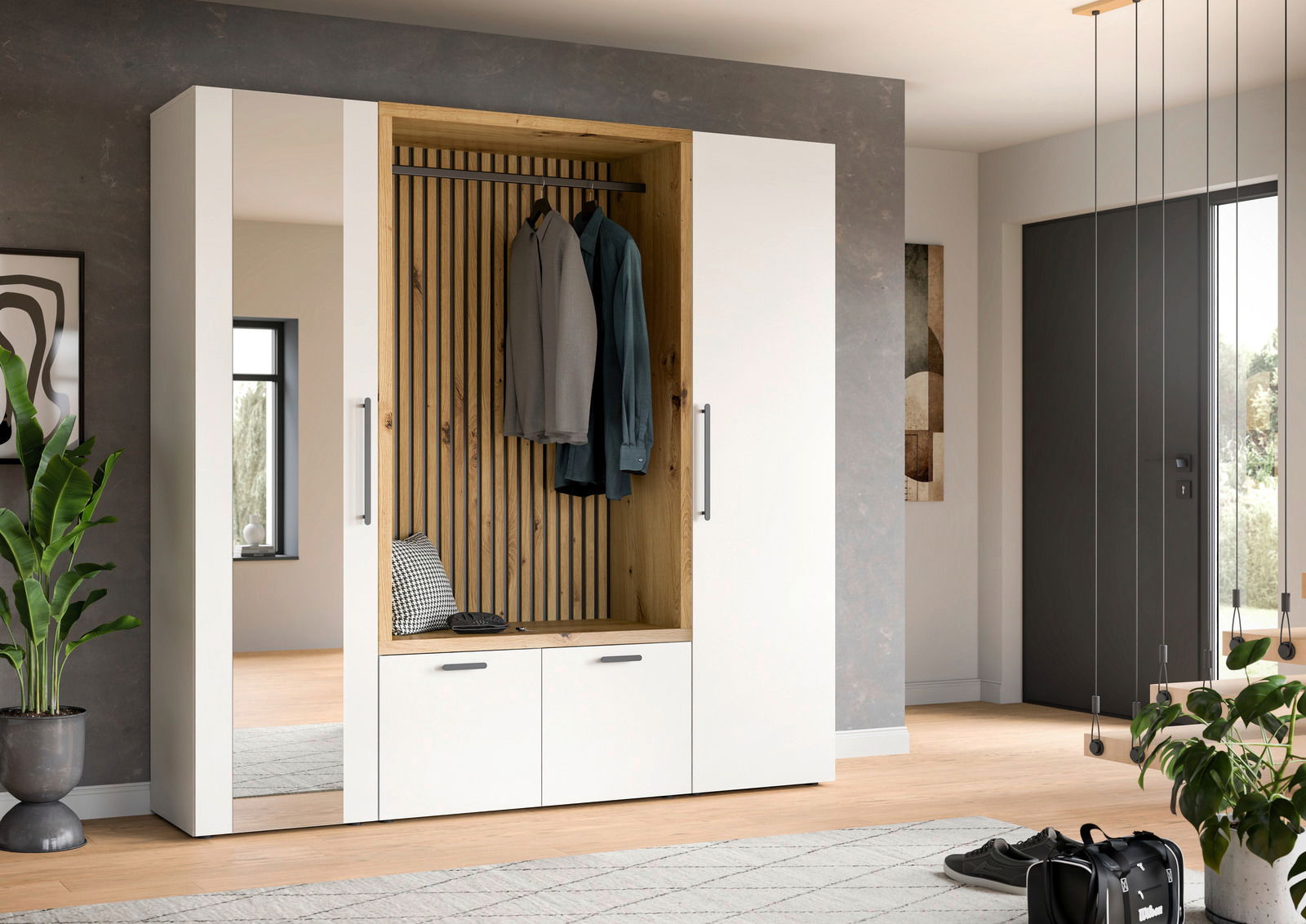 Moderne Kompaktgarderobe mit weißem und holzfarbenem Design, Spiegel und Kleiderstange, seitliche Perspektive