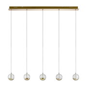 Moderne LED-Hängeleuchte mit fünf kugelförmigen Lampen, goldene Akzente, frontale Ansicht.