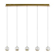 Moderne LED-Hängeleuchte mit fünf kugelförmigen Lampen, goldene Akzente, frontale Ansicht.