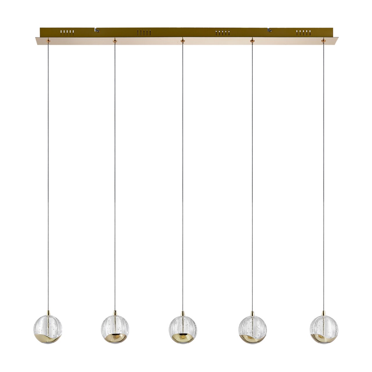 Moderne LED-Hängeleuchte mit fünf kugelförmigen Lampen, goldene Akzente, frontale Ansicht.