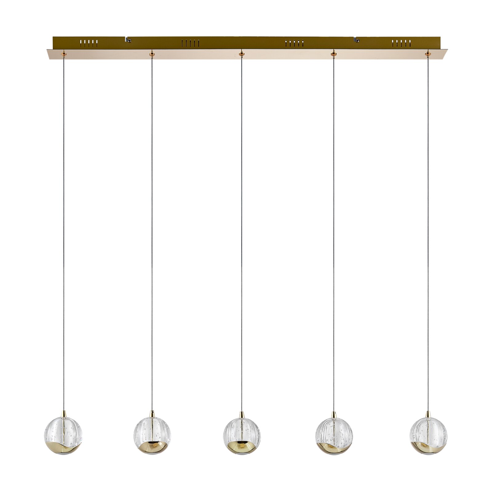 Moderne LED-Hängeleuchte mit fünf kugelförmigen Lampen, goldene Akzente, frontale Ansicht.