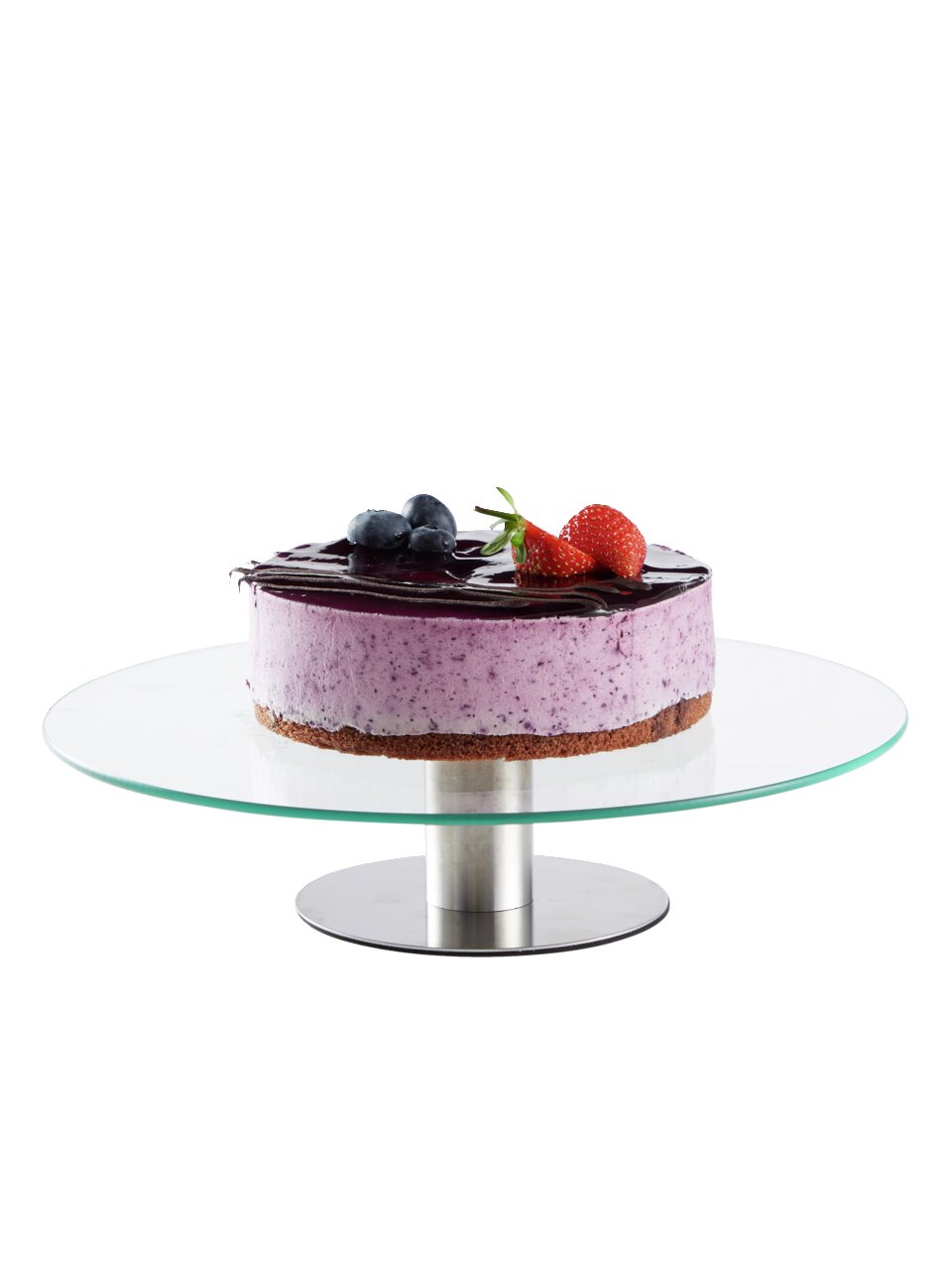 Tortenplatte aus Glas mit einer dekorativen Torte, seitliche Perspektive