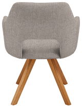 Rückansicht eines modernen Sessels mit grauem Stoffbezug und Holzbeinen.