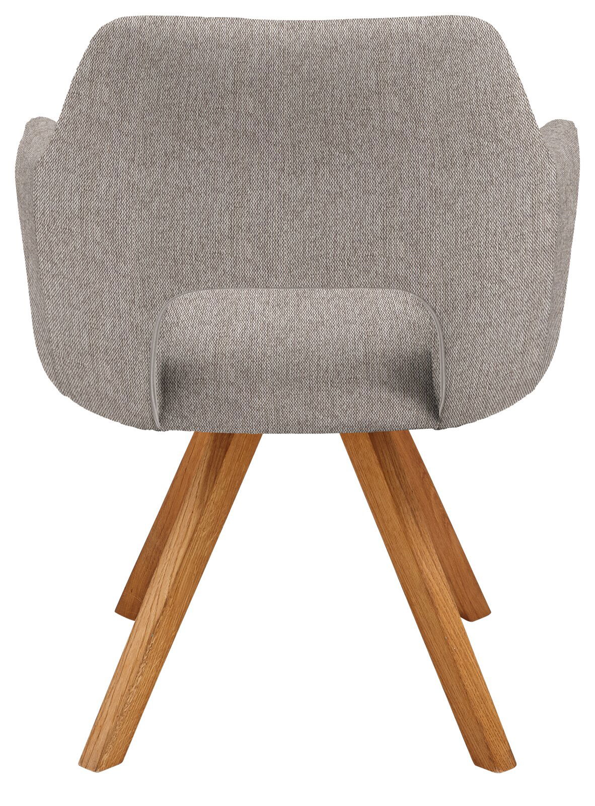 Rückansicht eines modernen Sessels mit grauem Stoffbezug und Holzbeinen.