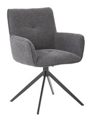 Grauer Armlehnstuhl mit vier schwarzen Metallbeinen, seitliche Perspektive