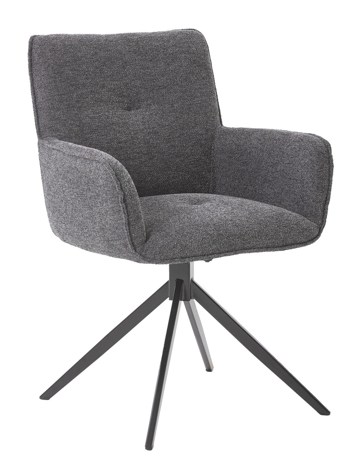 Grauer Armlehnstuhl mit vier schwarzen Metallbeinen, seitliche Perspektive