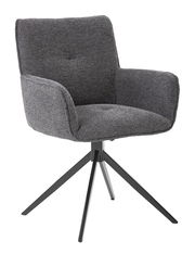 Grauer Armlehnstuhl mit vier schwarzen Metallbeinen, seitliche Perspektive