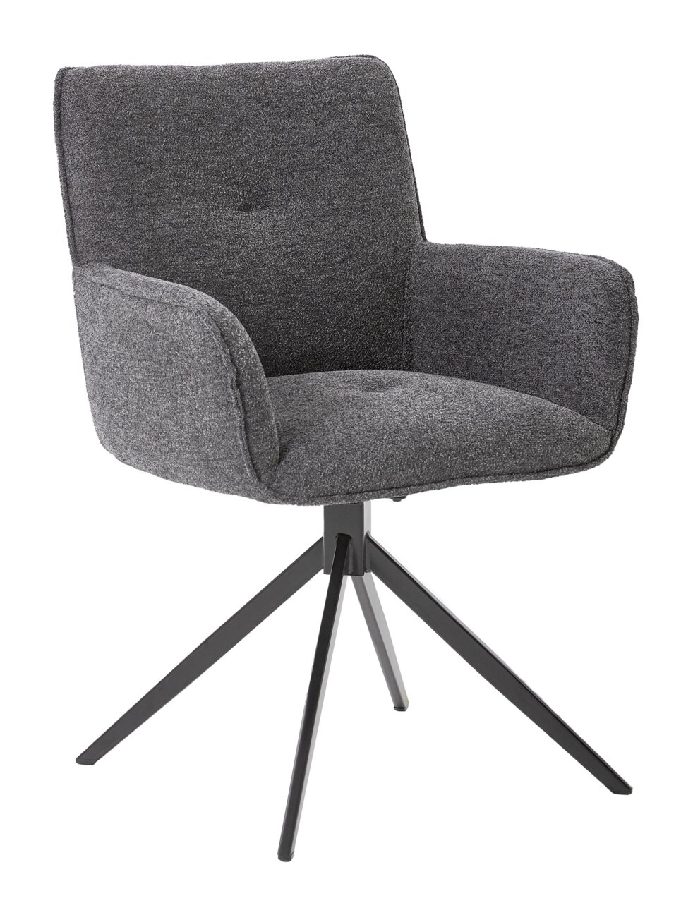 Grauer Armlehnstuhl mit vier schwarzen Metallbeinen, seitliche Perspektive