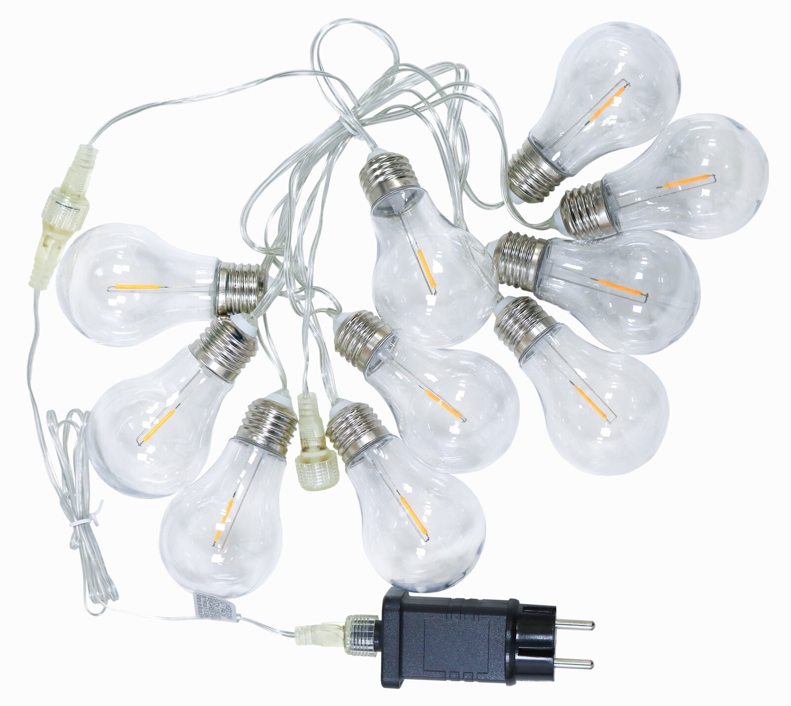 LED-Lichterkette mit transparentem Kabel und großen klaren Glühbirnen im Edison-Stil, inklusive Netzstecker, freigestellt auf weißem Hintergrund, Draufsicht