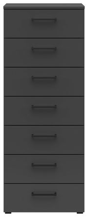 Schwarze Kommode mit sieben Schubladen, frontale Ansicht