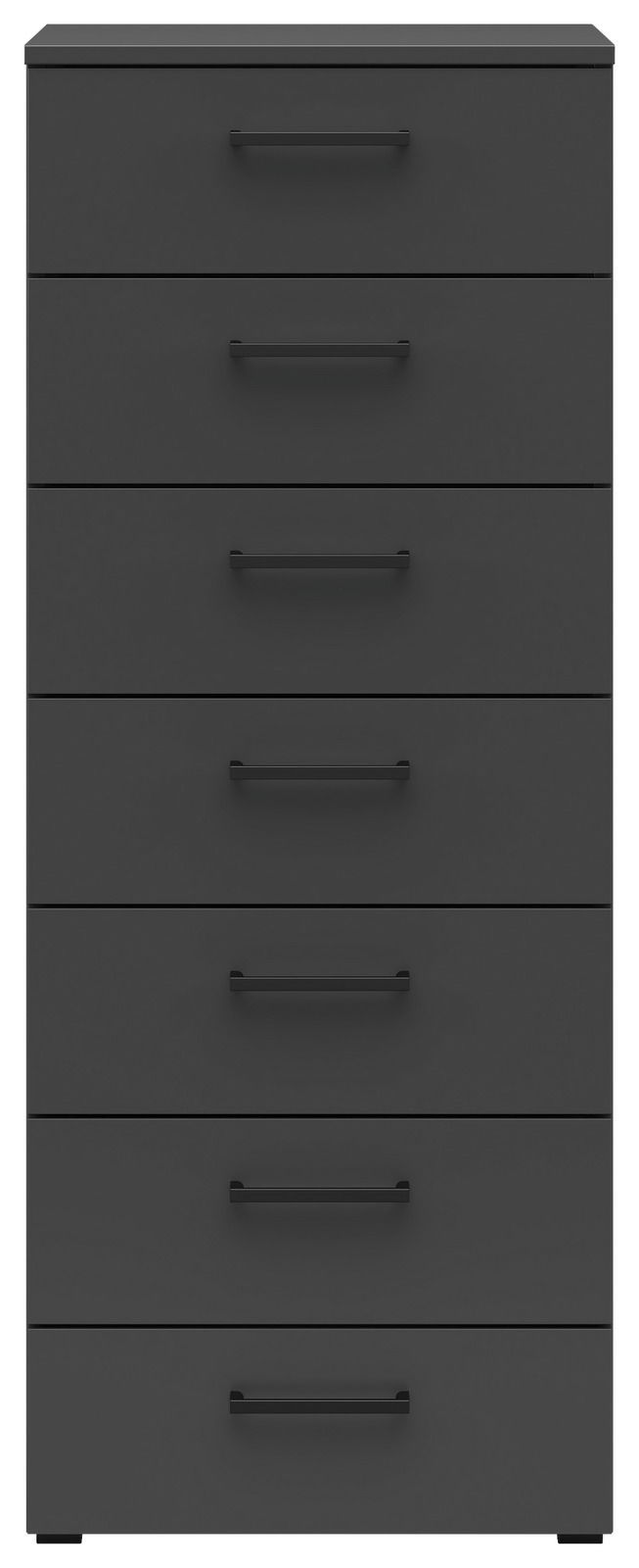 Schwarze Kommode mit sieben Schubladen, frontale Ansicht