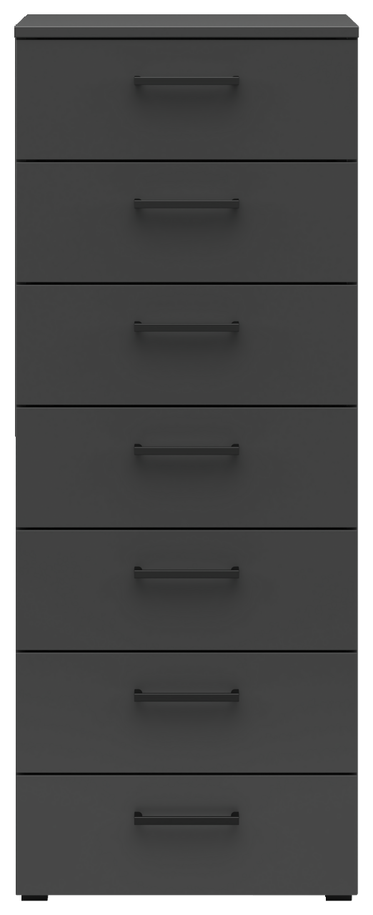 Schwarze Kommode mit sieben Schubladen, frontale Ansicht
