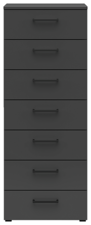 Schwarze Kommode mit sieben Schubladen, frontale Ansicht