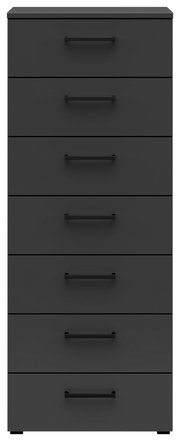Schwarze Kommode mit sieben Schubladen, frontale Ansicht