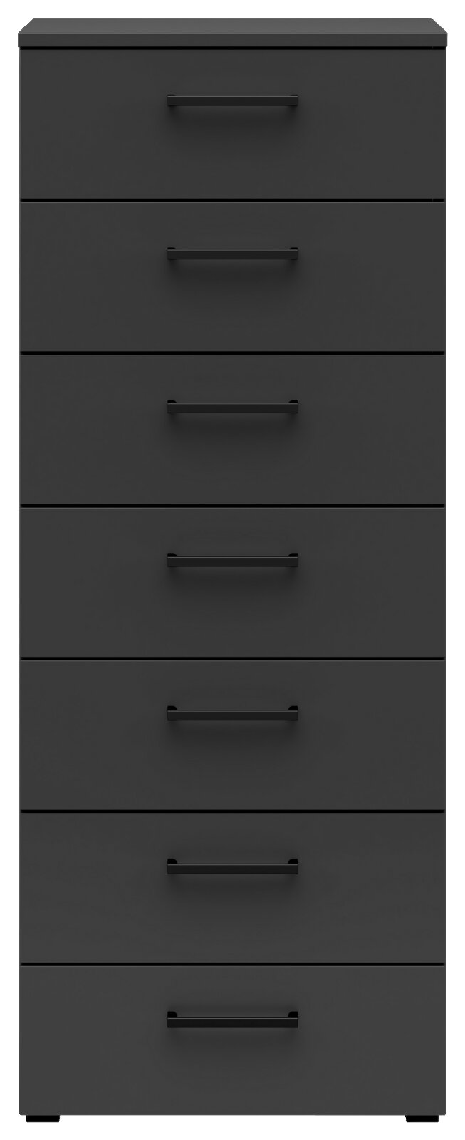 Schwarze Kommode mit sieben Schubladen, frontale Ansicht