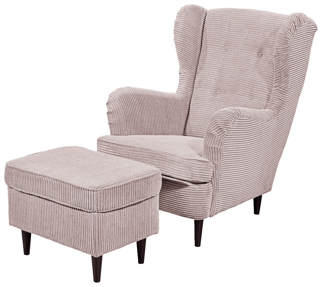 Gemütlicher Ohrensessel mit Hocker in beige, Vorderansicht