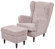 Gemütlicher Ohrensessel mit Hocker in beige, Vorderansicht