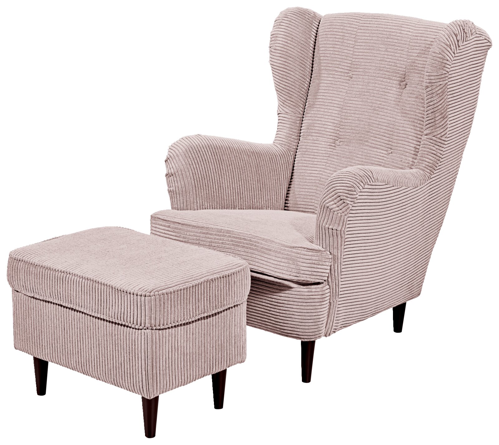 Gemütlicher Ohrensessel mit Hocker in beige, Vorderansicht