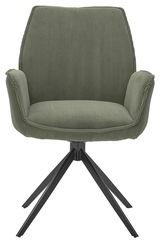 Grüner Armlehnstuhl mit geripptem Stoffbezug und schwarzem Metallgestell, Frontalansicht