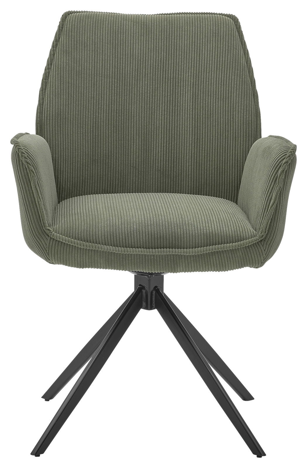 Grüner Armlehnstuhl mit geripptem Stoffbezug und schwarzem Metallgestell, Frontalansicht