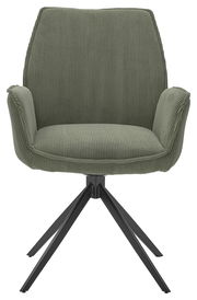 Grüner Armlehnstuhl mit geripptem Stoffbezug und schwarzem Metallgestell, Frontalansicht