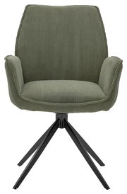 Grüner Armlehnstuhl mit geripptem Stoffbezug und schwarzem Metallgestell, Frontalansicht