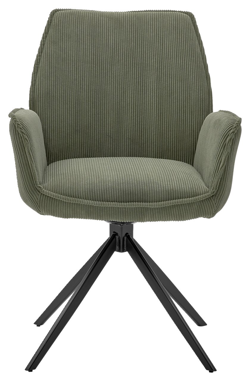Grüner Armlehnstuhl mit geripptem Stoffbezug und schwarzem Metallgestell, Frontalansicht