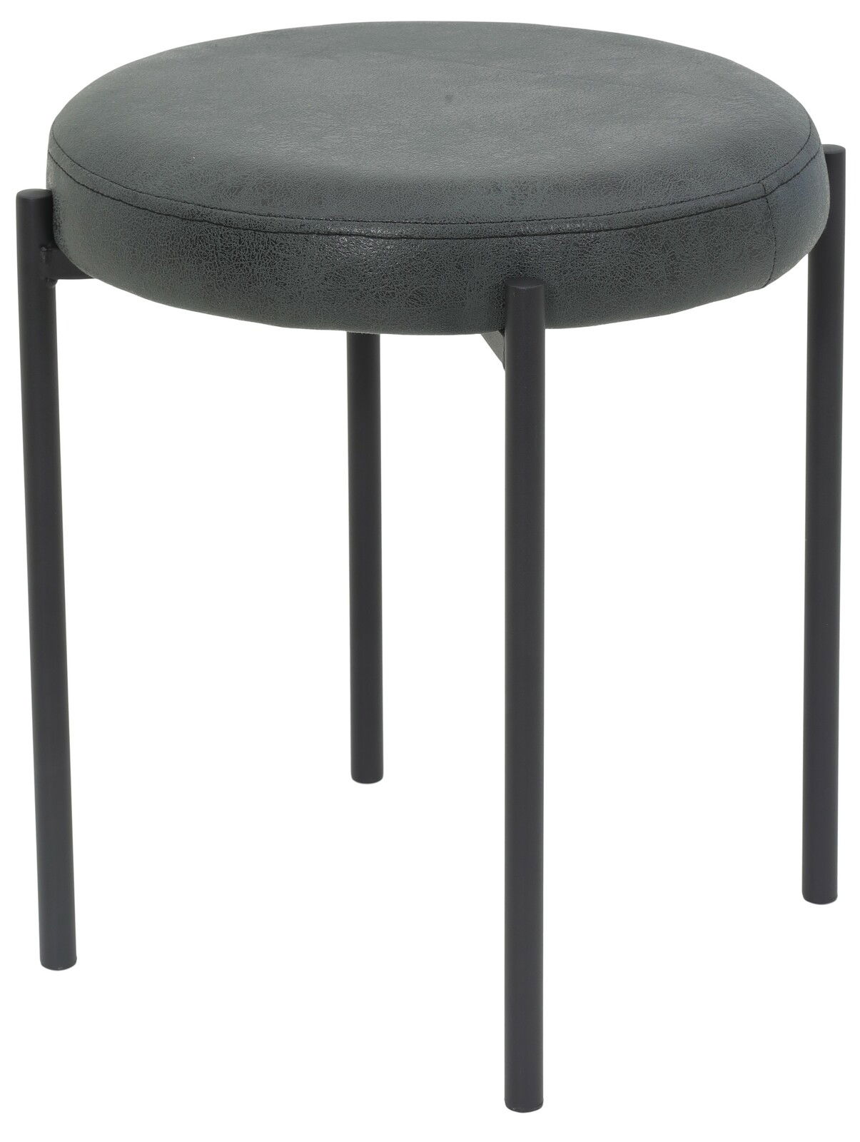 Moderner Hocker mit rundem, gepolstertem Sitz in dunklem Grau und schwarzen Metallbeinen, seitliche Perspektive.