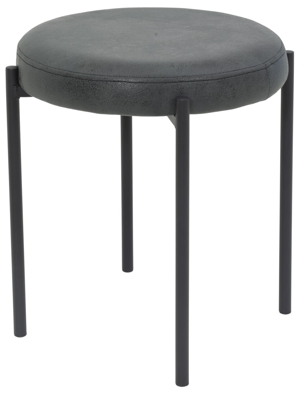 Moderner Hocker mit rundem, gepolstertem Sitz in dunklem Grau und schwarzen Metallbeinen, seitliche Perspektive.