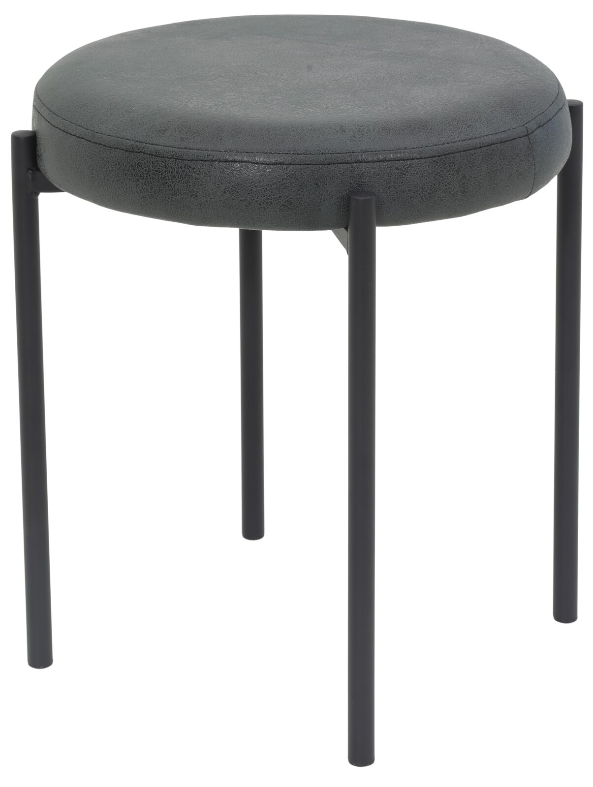 Moderner Hocker mit rundem, gepolstertem Sitz in dunklem Grau und schwarzen Metallbeinen, seitliche Perspektive.