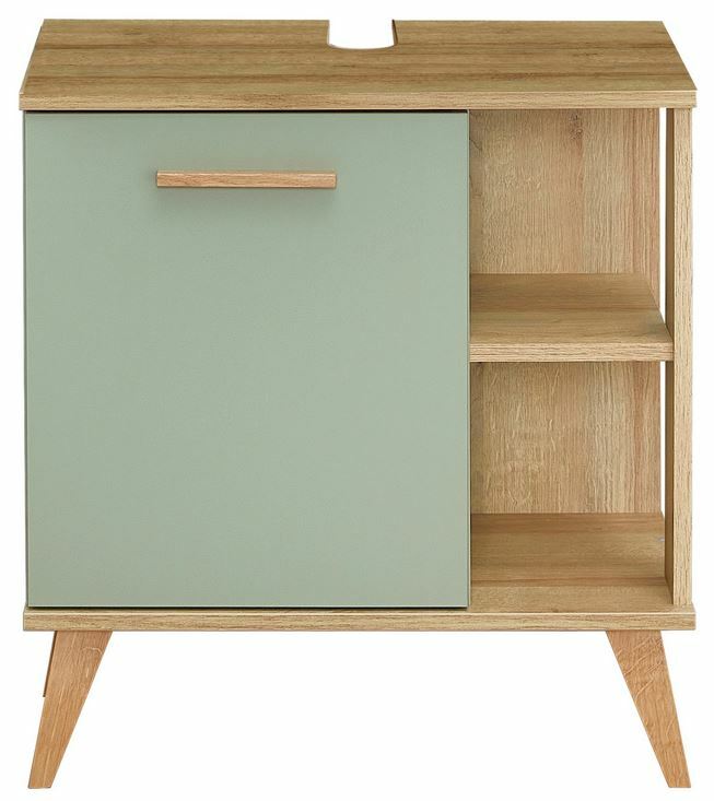 Waschbeckenunterschrank aus Holz mit grünlicher Tür und offenen Regalfächern, Frontalansicht