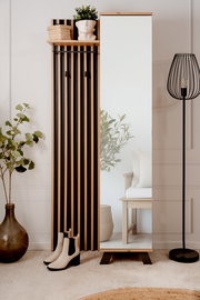 Moderne Garderobe mit Spiegel, Holzlatten und Dekorationen, seitliche Perspektive