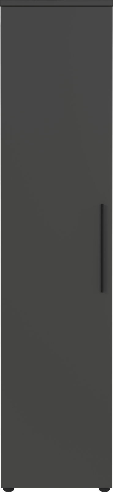 Schmaler, hoher Aktenschrank in dunkler Farbe, frontal abgebildet.