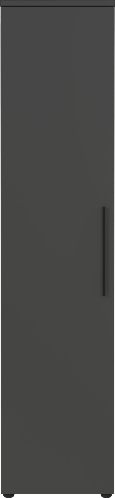 Schmaler, hoher Aktenschrank in dunkler Farbe, frontal abgebildet.