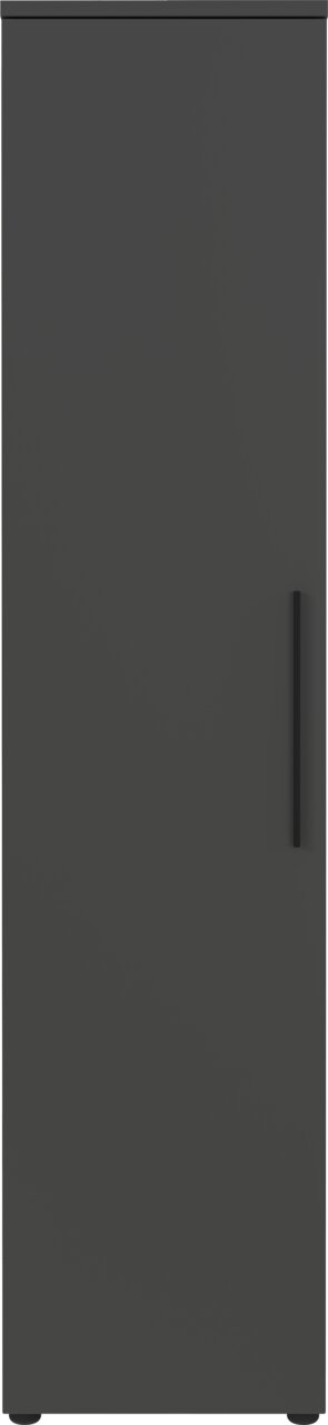 Schmaler, hoher Aktenschrank in dunkler Farbe, frontal abgebildet.