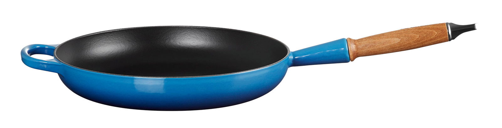 Bratpfanne in Azure-Blau mit Holzgriff, seitliche Perspektive