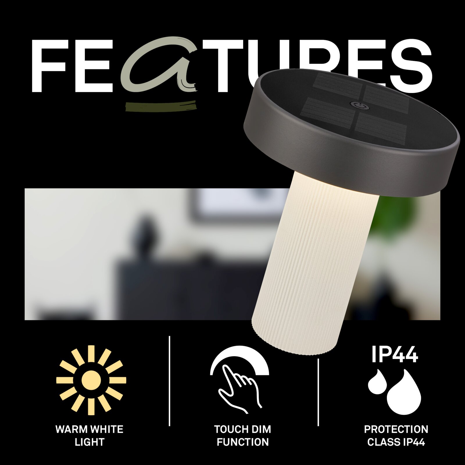 Moderne schwarze LED-Solarleuchte mit warmweißem Licht, Touch-Dimmfunktion und Schutzklasse IP44, schräg von oben in Nahaufnahme dargestellt.