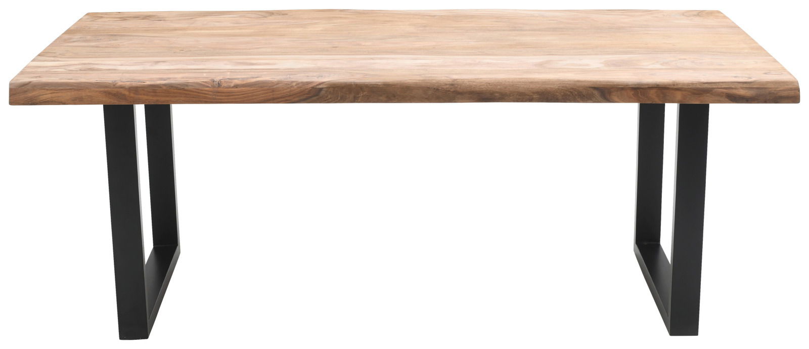 Esstisch mit massiver Holzplatte und schwarzen Metallbeinen, Frontalansicht